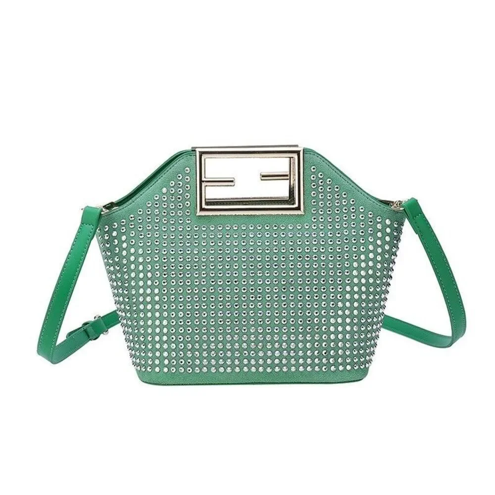 Women's Green  Top Handle Stone Studded Metal Handle Satchel Handbag
